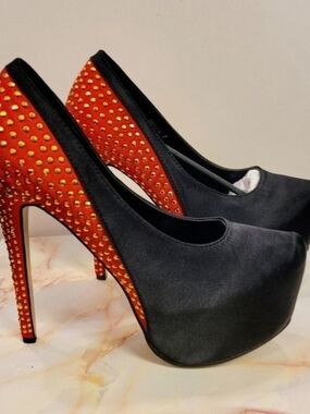 From Italina, Black Satin Platform Pumps with Red Studded Heel